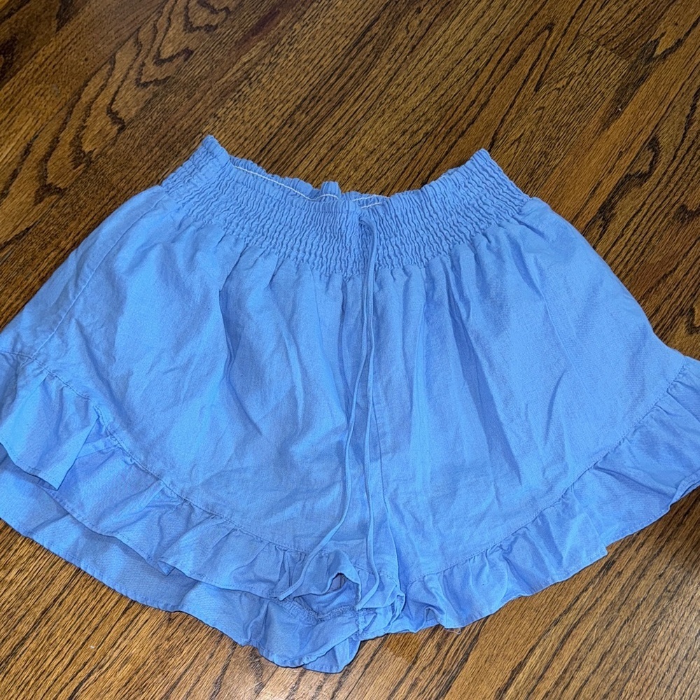 High-Waist Ruffle Hem Women's Shorts in Light Blue